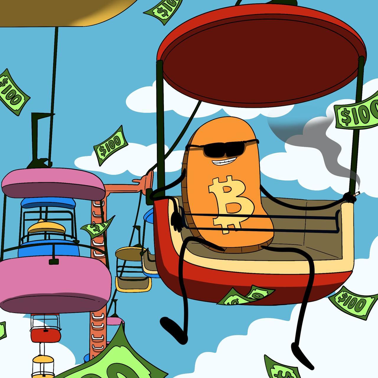Bitcoin Roller Coaster Guy relaxing above an amusement park