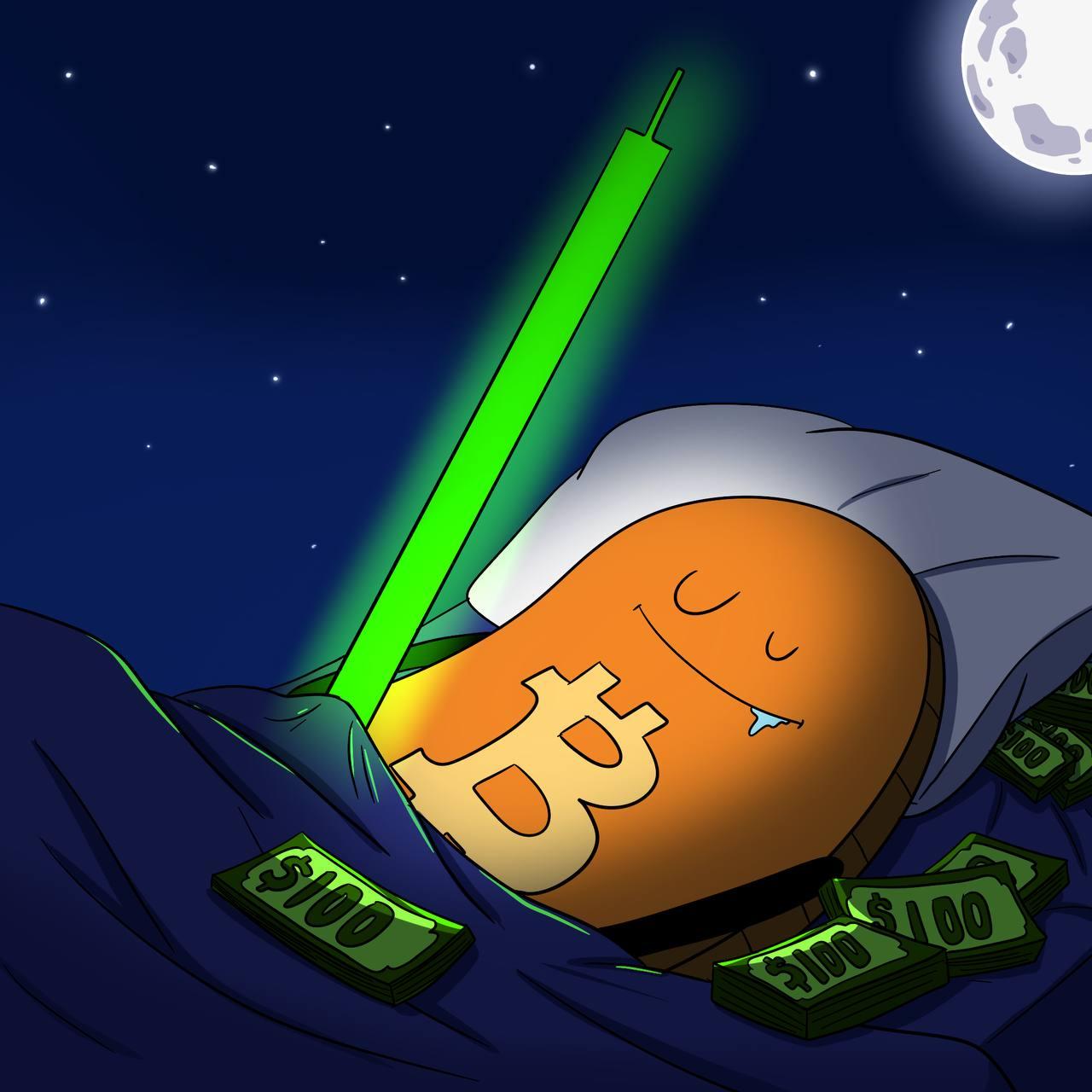 Bitcoin Roller Coaster Guy asleep beside a giant green candle