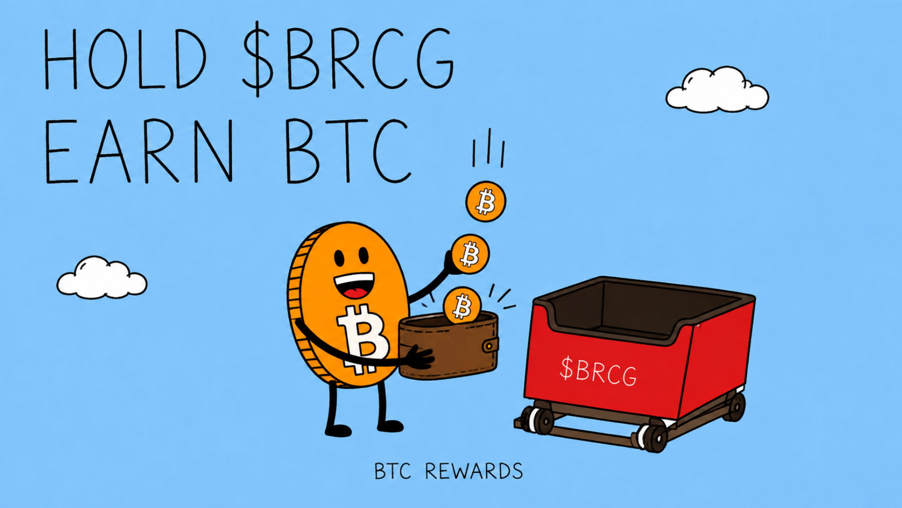 Bitcoin character loading BTC rewards into the BRCG coaster cart